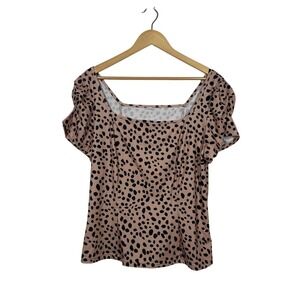 Relipop Animal Print Blouse Womens Size 2X Tan Black Square Neck Puff Sleeve NWT